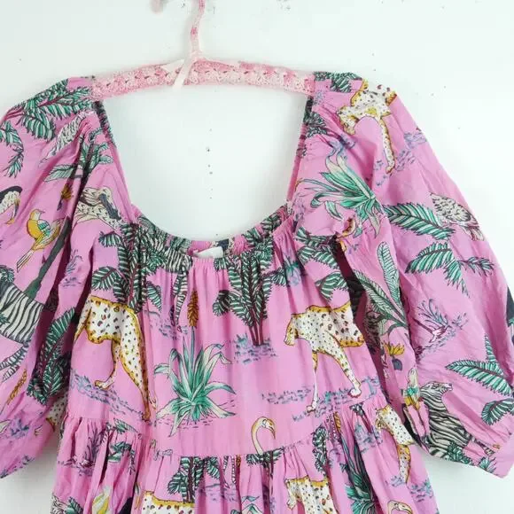 Darlington Isle Large Cayman Brac Dress Pink Babydoll Jungle Print Resort Cotton - Picture 2 of 10